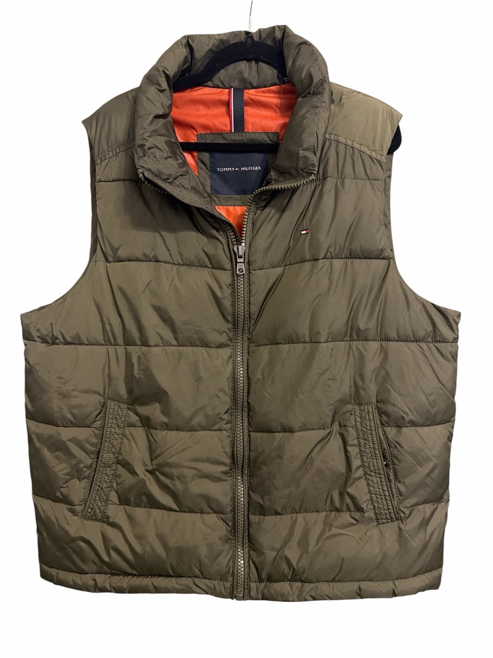 Tommy Hilfiger Olive Quilted Puffer Vest with Orange Lining